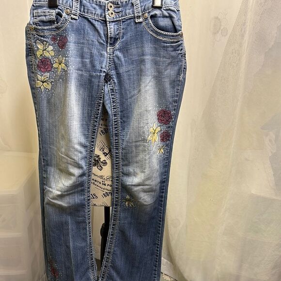 Floral Embroidered Blue Jeans - Picture 1 of 7